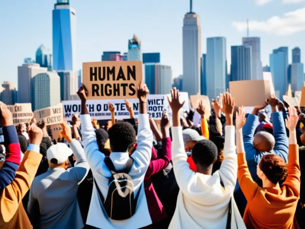 Grupo diverso protesta por derechos humanos globales frente a la ciudad