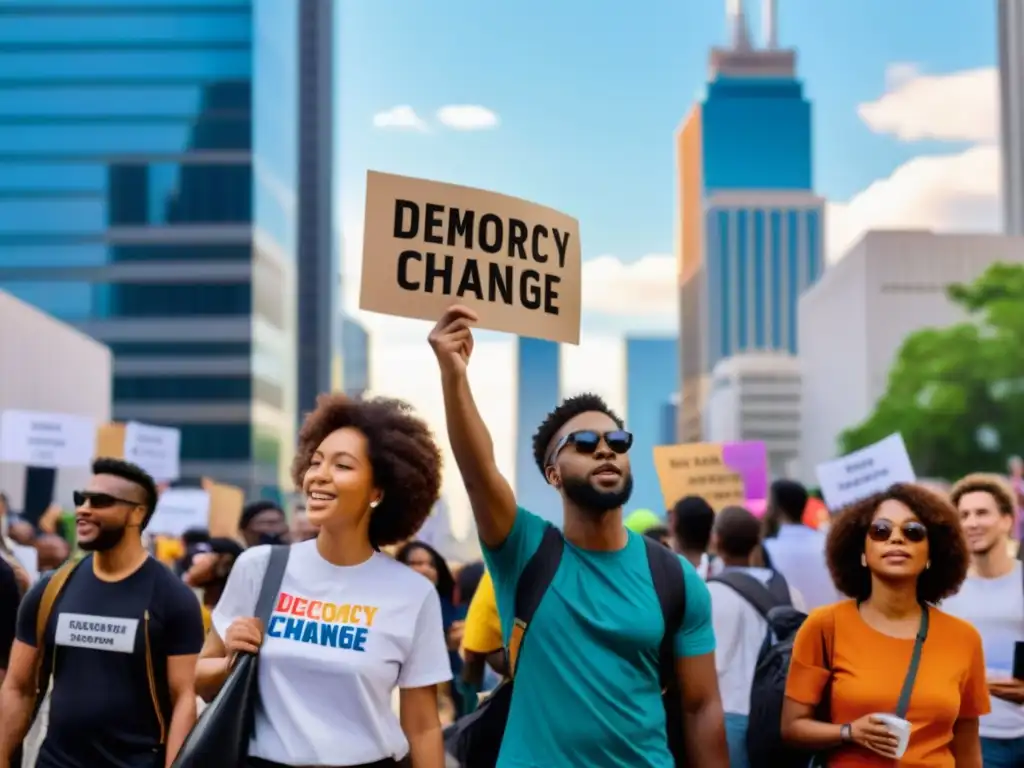 Grupo diverso en protesta pacífica en ciudad moderna, con pancartas coloridas