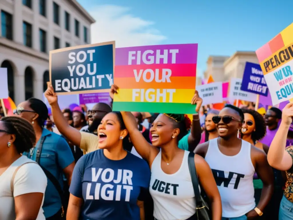 Grupo diverso en protesta pacífica por derechos LGBTIQ+ con influencia política internacional, mostrando determinación y pasión