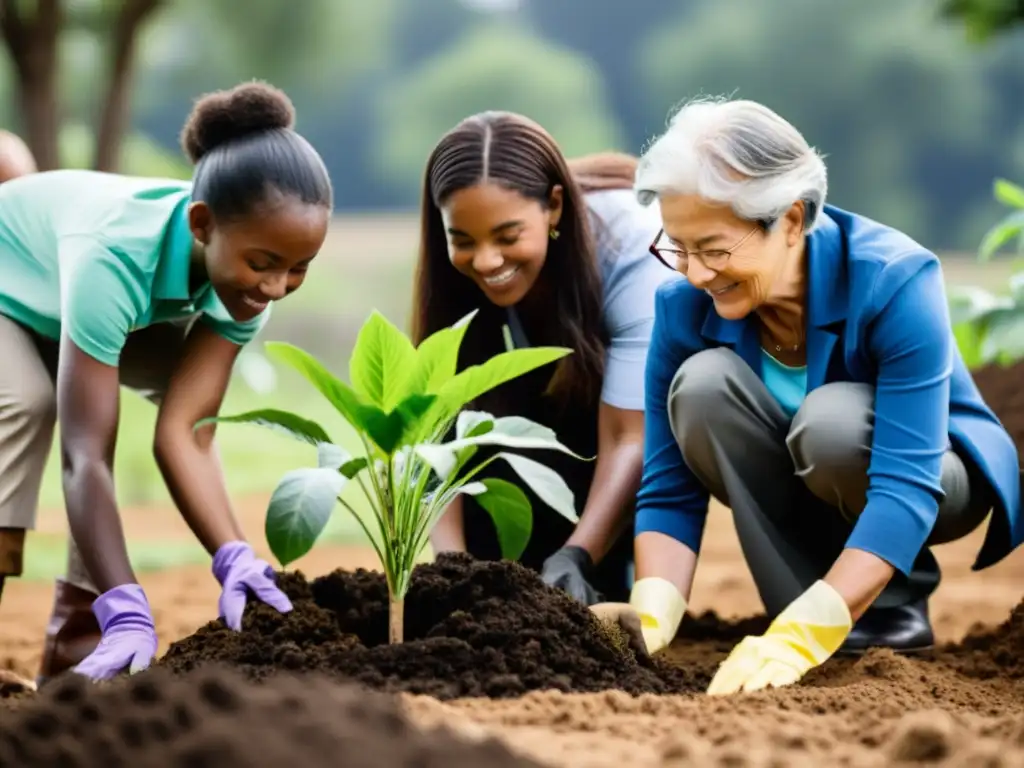 Un grupo diverso colabora en proyecto ambiental, destacando la educación ambiental como derecho humano