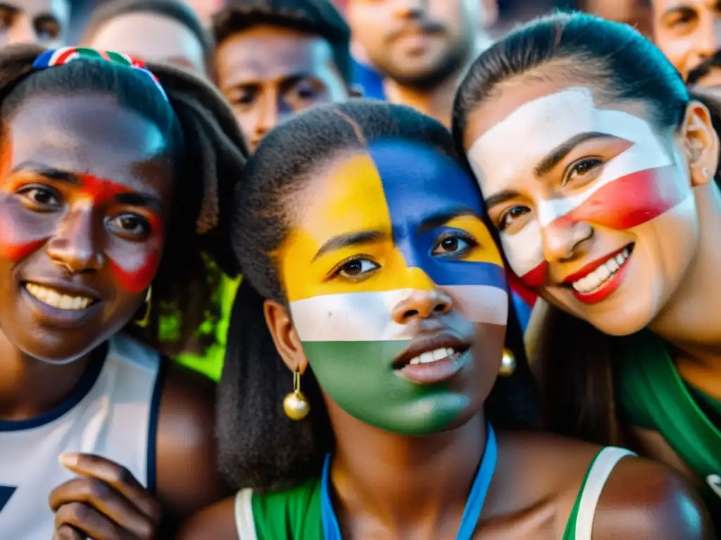 Grupo diverso con rostros pintados de banderas, unidos por el fútbol, mostrando inclusión social y derechos humanos