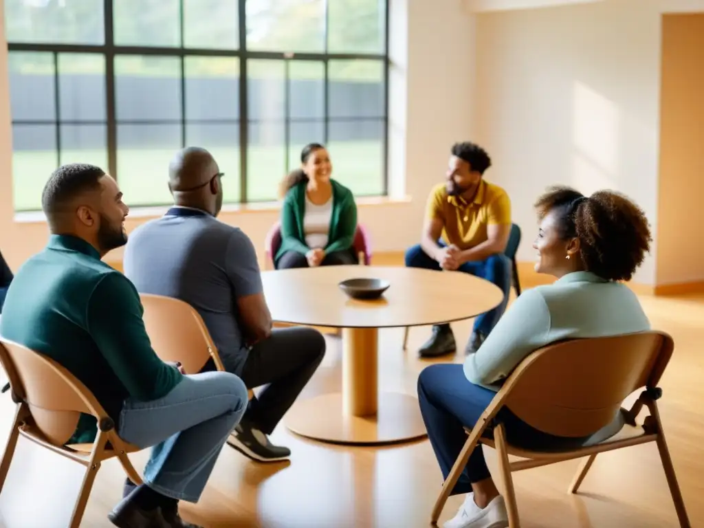 Grupo diverso en sesión de apoyo de salud mental, promoviendo accesibilidad en servicios de salud mental