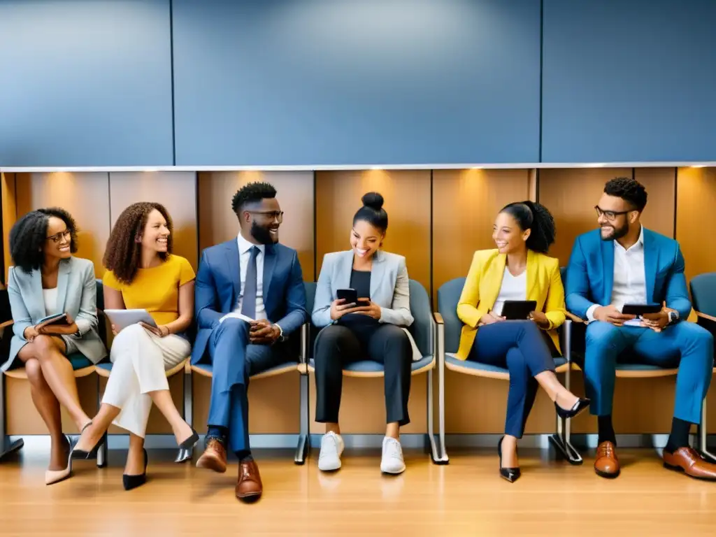 Un grupo diverso de solicitantes de empleo espera en una sala de espera, mostrando diferentes edades, razas, géneros y habilidades