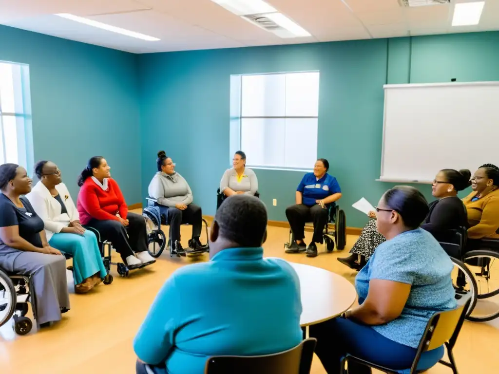 Grupo diverso en taller de derechos humanos y discapacidad, compartiendo experiencias en un ambiente cálido y acogedor