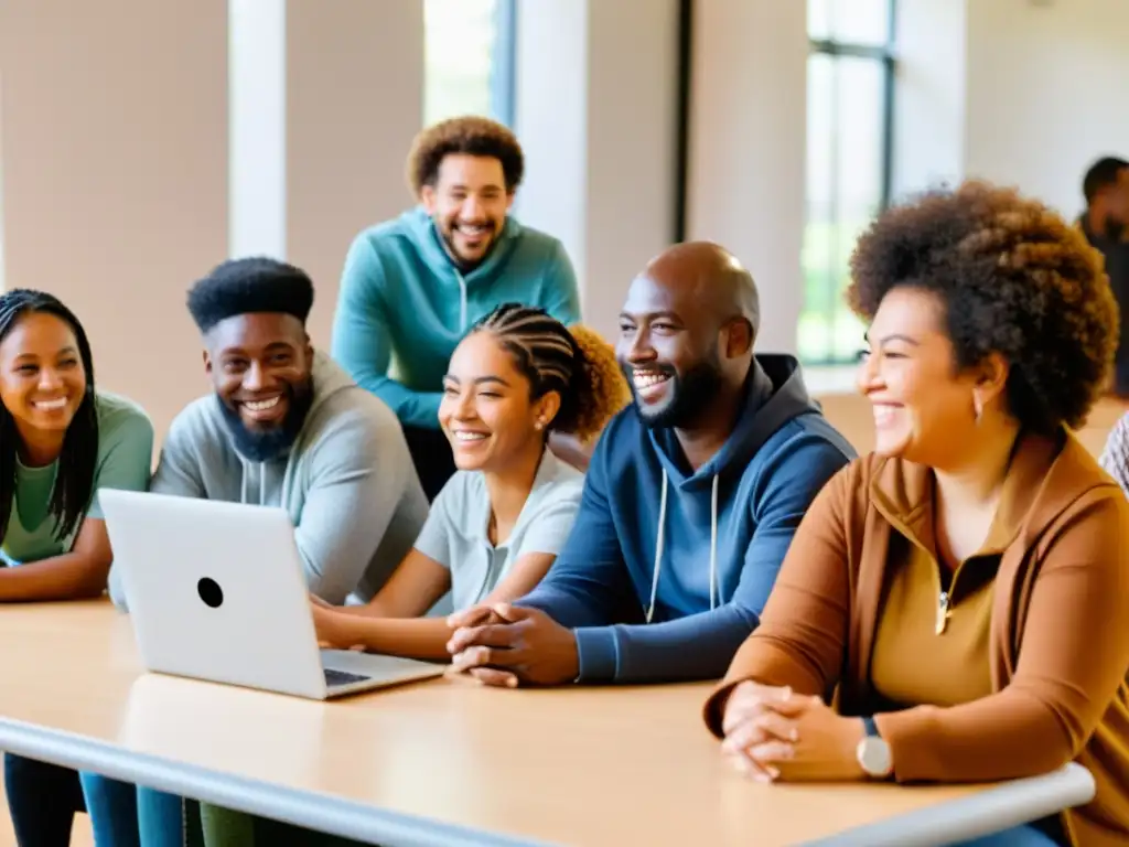 Grupo diverso en taller de habilidades digitales, con expresiones de concentración y logro