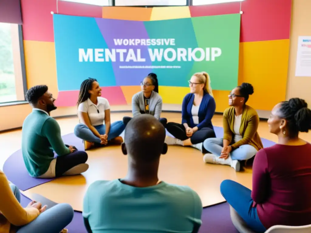 Un grupo diverso participa en un taller de salud mental, mostrando empatía y apoyo mutuo en un espacio acogedor