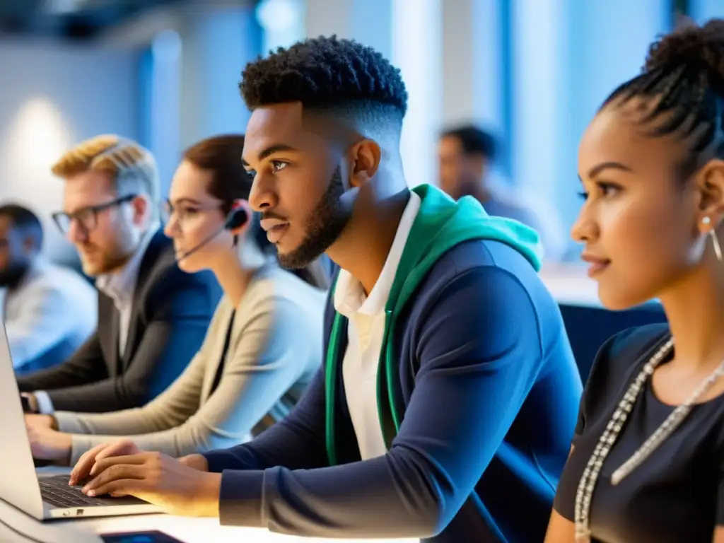 Grupo diverso en taller tecnológico, aprendiendo codificación y habilidades digitales