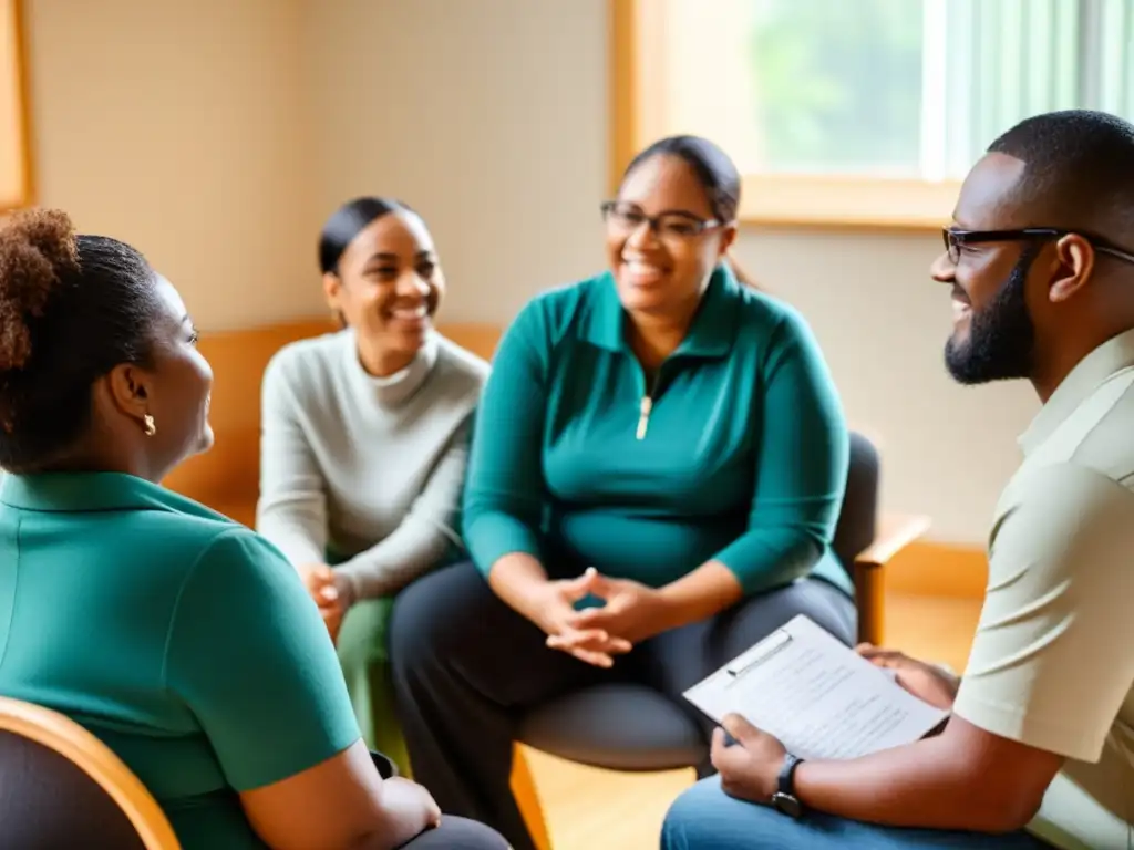 Grupo diverso en terapia de apoyo, promoviendo derechos humanos, salud mental y discapacidad en un ambiente inclusivo y cálido