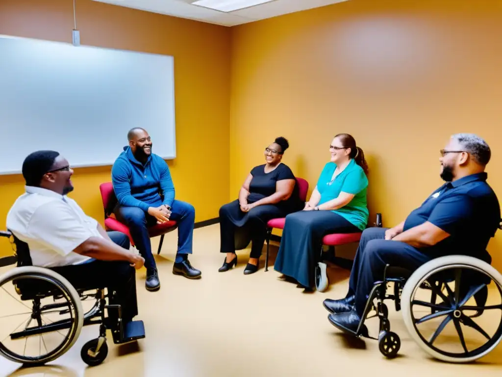 Grupo diverso participa en terapia de salud mental, mostrando accesibilidad y apoyo