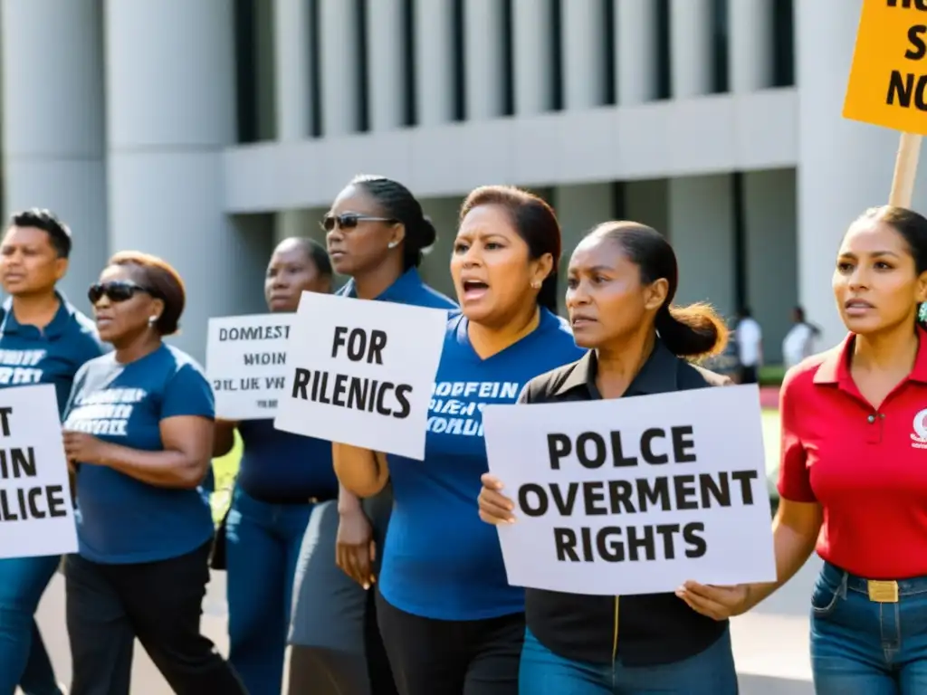 Grupo diverso de trabajadoras domésticas protestando por el reconocimiento de sus derechos, desafiando la tensa barrera policial