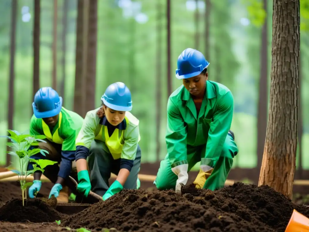 Un grupo diverso de trabajadores planta árboles en un bosque exuberante y soleado, destacando la relación entre derechos laborales y sostenibilidad