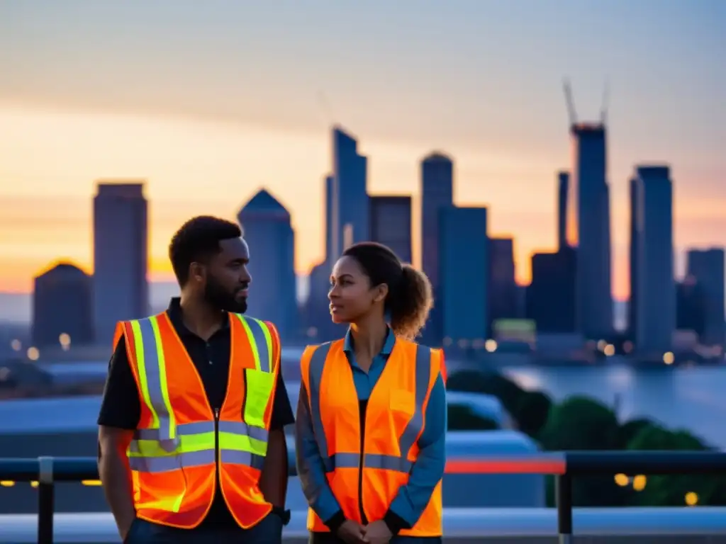 Grupo diverso de trabajadores de economía gigante enfrentando desafíos legales y derechos laborales, destacados por la ciudad al atardecer