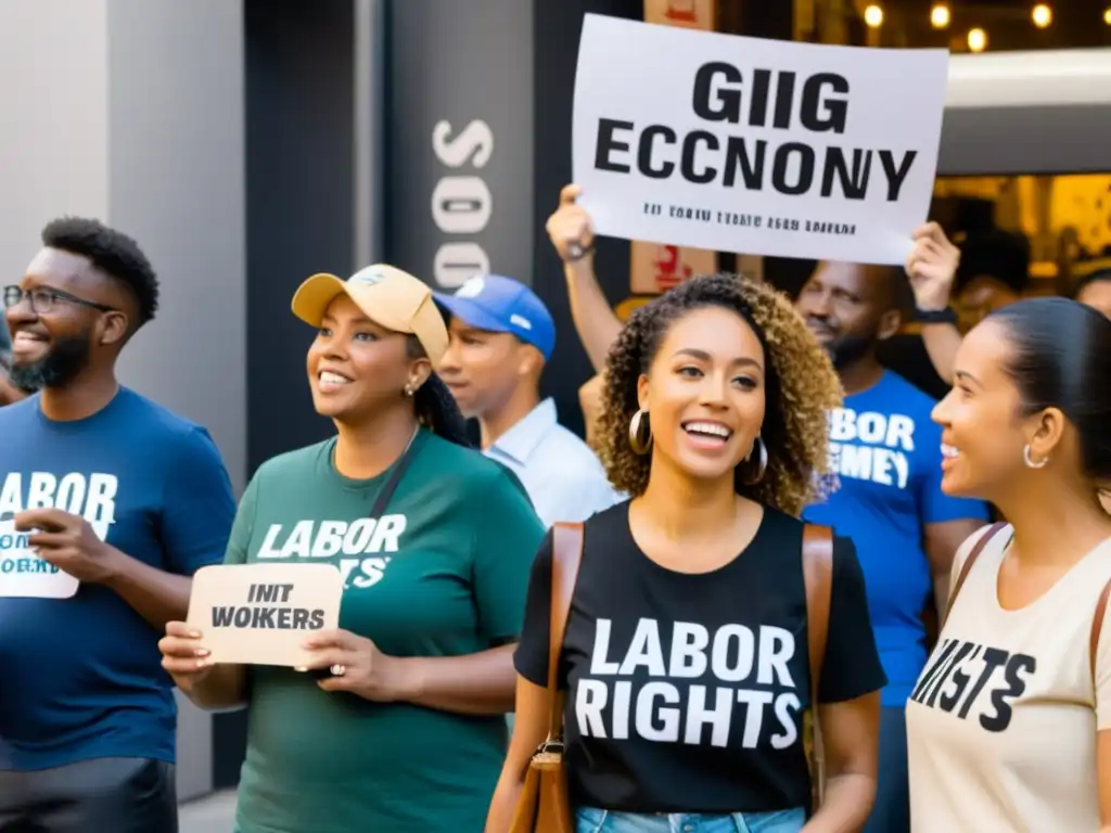 Un grupo diverso de trabajadores de la economía gig se manifiesta en un bullicioso mercado, expresando determinación y esperanza mientras defienden los Derechos laborales en la economía gig