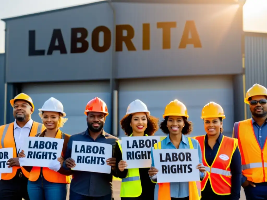 Un grupo diverso de trabajadores en un edificio industrial al atardecer, sosteniendo carteles sobre derechos laborales y sindicatos