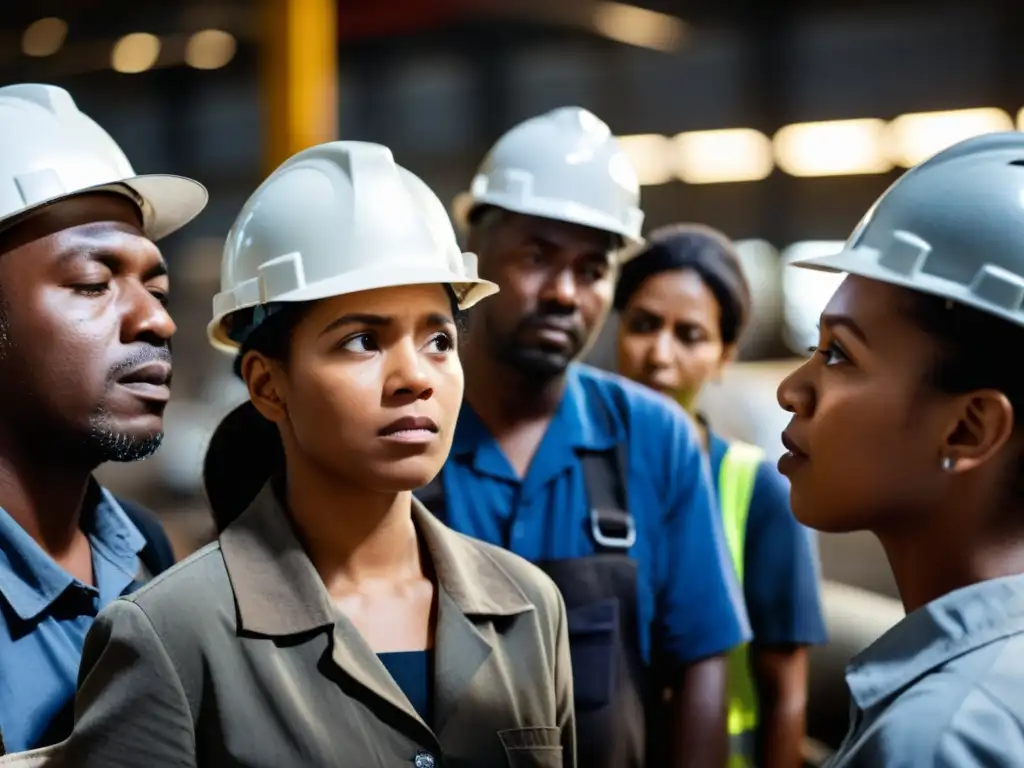 Grupo diverso de trabajadores en fábrica, reflejando emociones y condiciones laborales