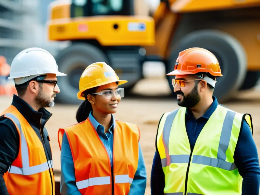 Un grupo diverso de trabajadores en equipo, en una obra con maquinaria pesada, escuchan atentos la normativa de seguridad laboral global