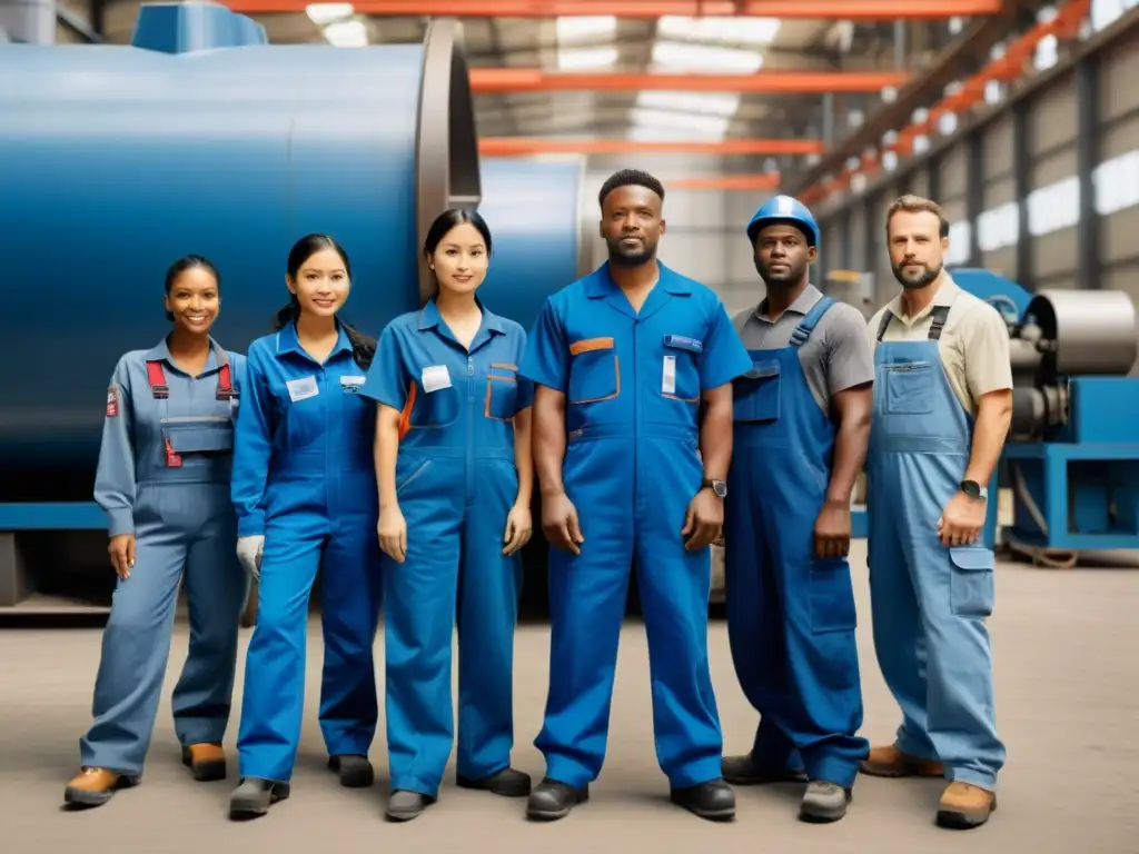 Un grupo diverso de trabajadores de fábrica de diferentes partes del mundo, usando overoles azules y equipo de seguridad, operando maquinaria industrial