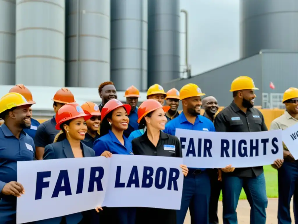 Un grupo diverso de trabajadores se paran frente a una fábrica, sosteniendo pancartas por la promoción de derechos laborales dignos