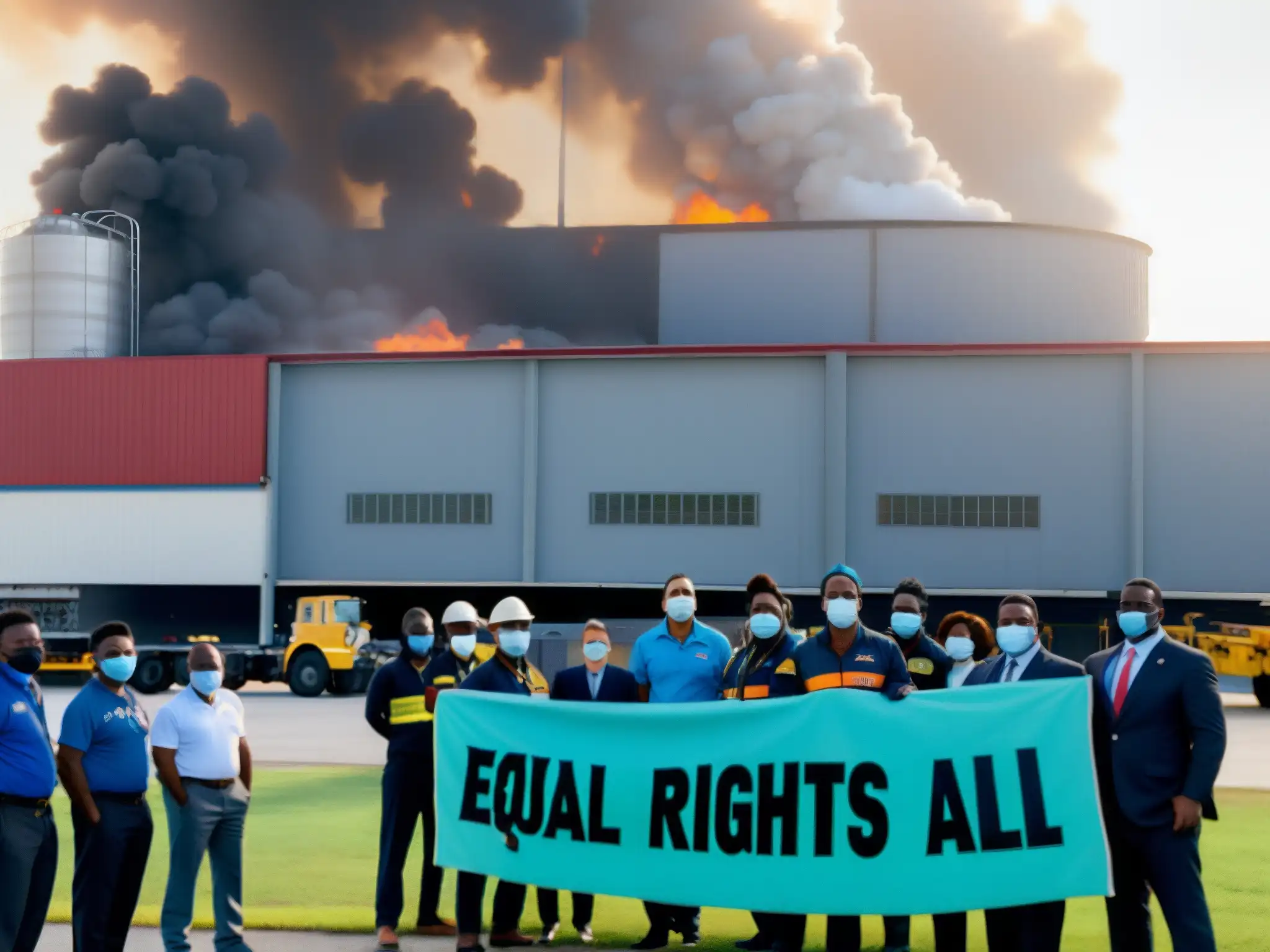 Un grupo diverso de trabajadores frente a una fábrica con emisiones de humo