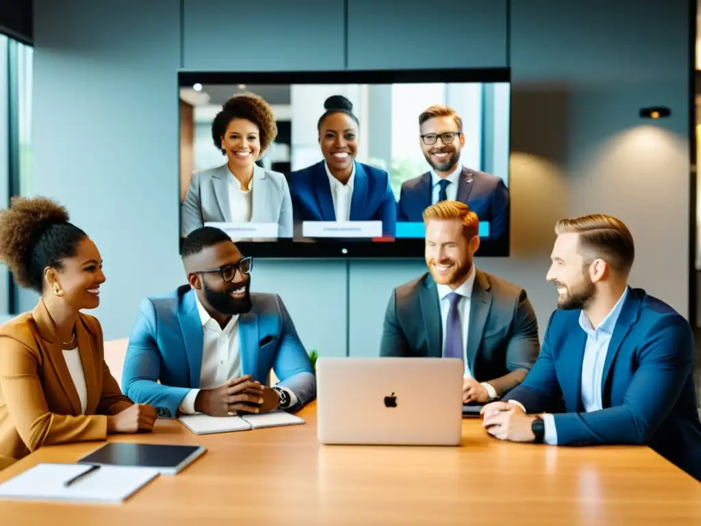 Reunión virtual de trabajadores en oficina moderna Grupo diverso de trabajadores en una oficina moderna, participando en una reunión virtual
