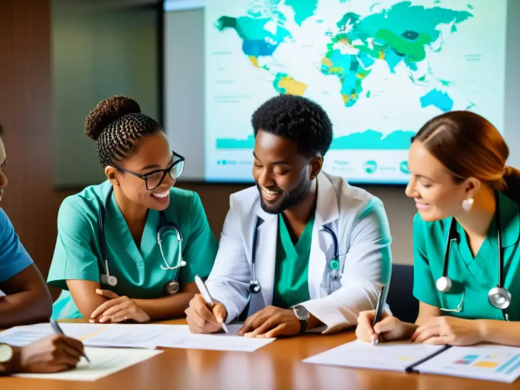 Un grupo diverso de trabajadores de la salud colabora y discute desafíos globales en una sala llena de luz natural, con mapas y documentos médicos