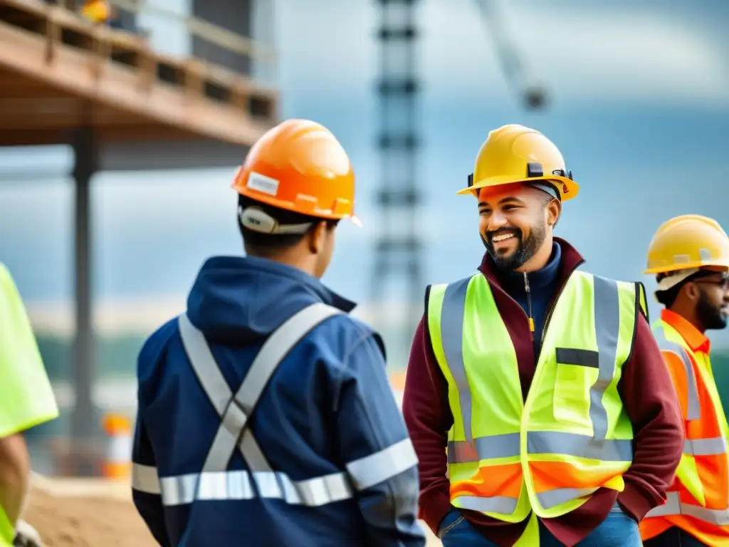 Un grupo diverso de trabajadores en un sitio de construcción, destacando la importancia de seguir normativas de seguridad laboral global