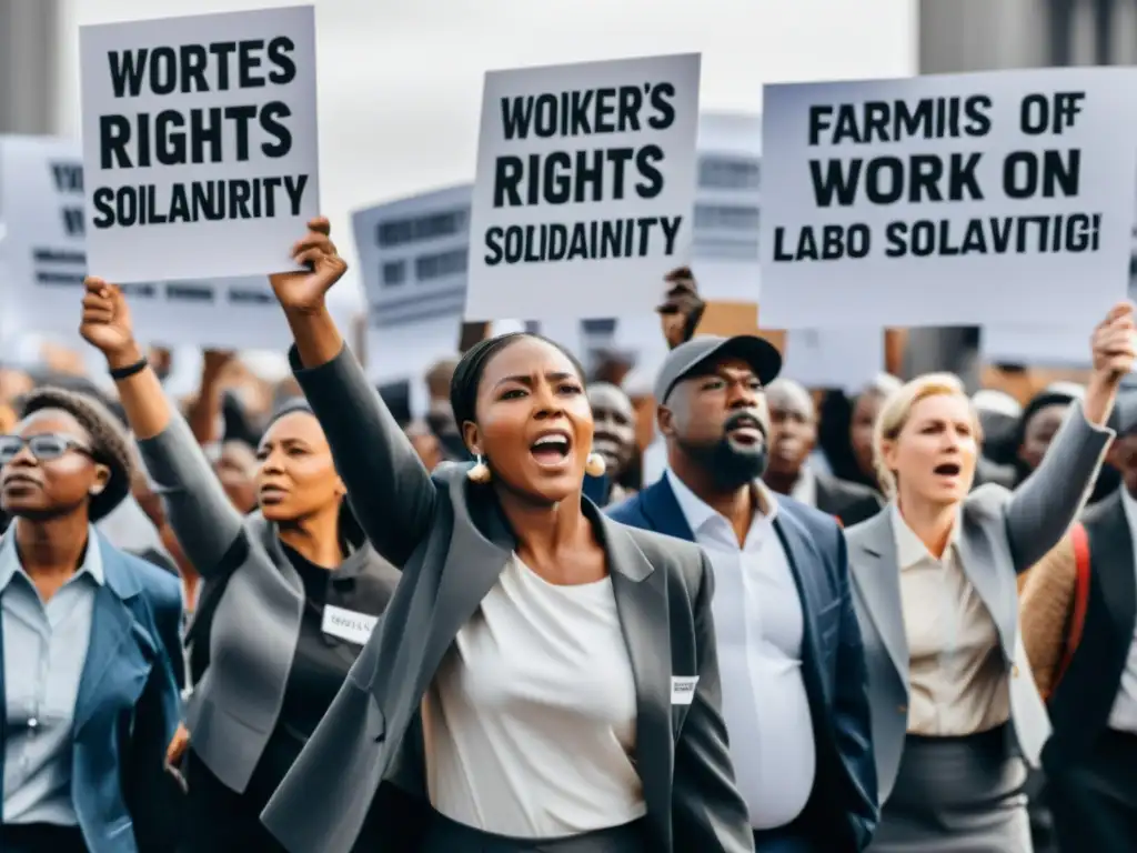 Un grupo diverso de trabajadores marcha unido, con determinación y resiliencia, en la lucha por los derechos laborales globales