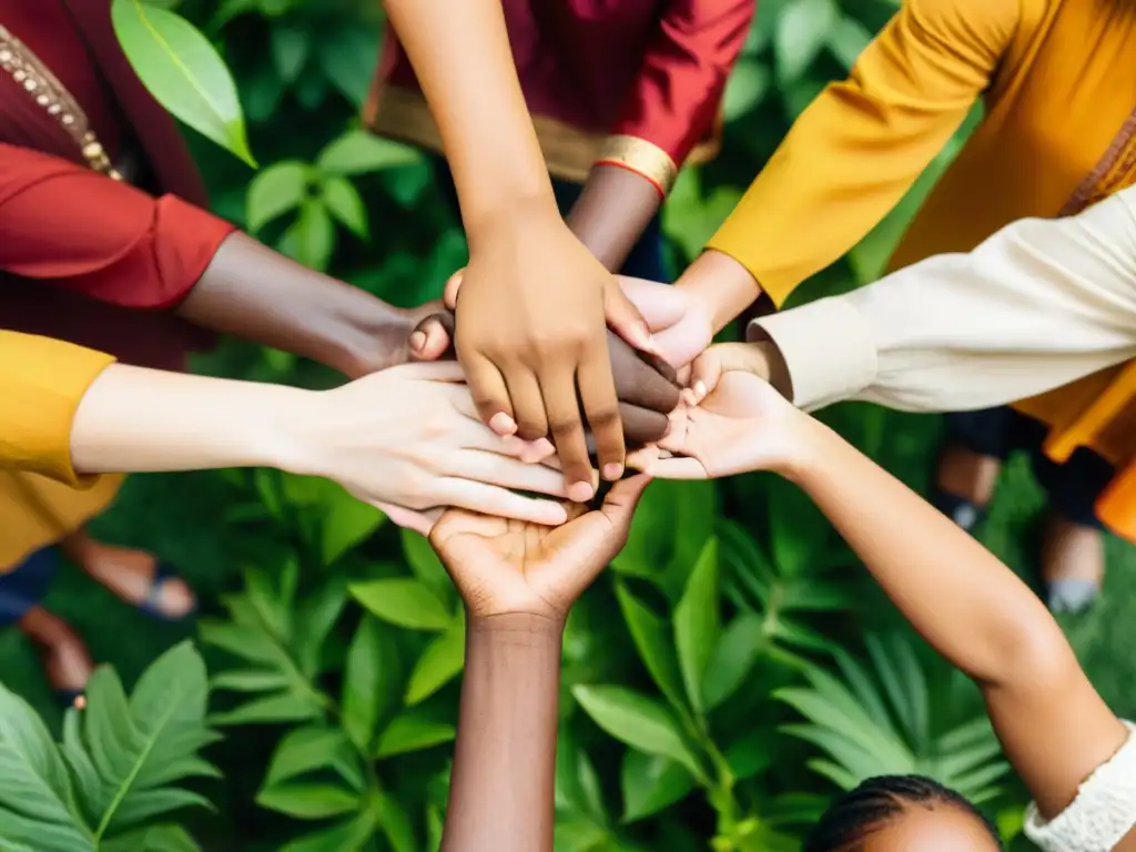 Grupo diverso unido en círculo, rodeado de naturaleza, expresando solidaridad y esperanza ante desafíos ambientales