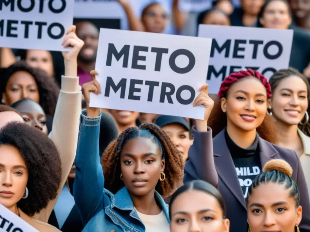 Grupo diverso unido en solidaridad con mensajes de empoderamiento, reflejando el impacto del #MeToo a nivel mundial