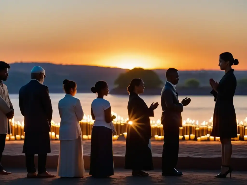 Grupo diverso en vigilia a la luz de las velas, unidos en oración frente a monumento histórico al atardecer