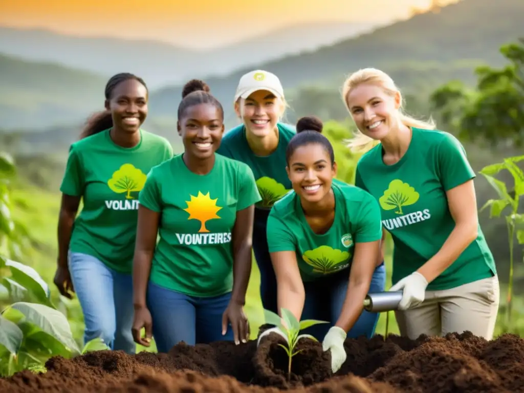 Un grupo diverso de voluntarios plantando árboles en un área deforestada con camisetas del logo de una organización ambiental