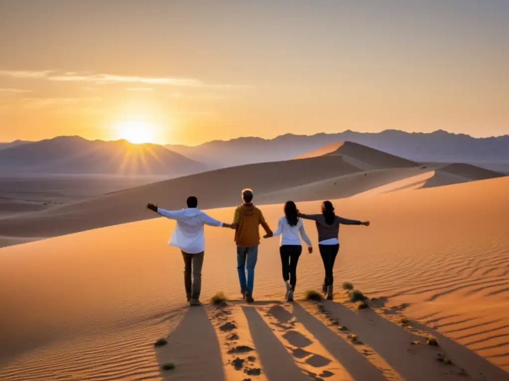 Un grupo diverso de voluntarios se unen formando una cadena humana en un paisaje árido, simbolizando la respuesta ciudadana ante la pobreza global