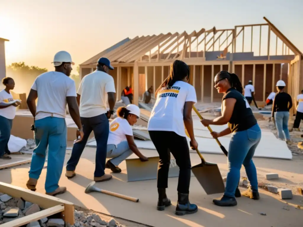 Un grupo diverso de voluntarios reconstruye un centro comunitario en una ciudad post-guerra al atardecer, simbolizando esperanza y resiliencia