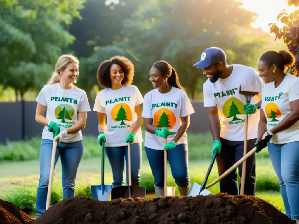 Un grupo diverso de voluntarios trabaja juntos para crear un jardín comunitario en un entorno urbano al atardecer