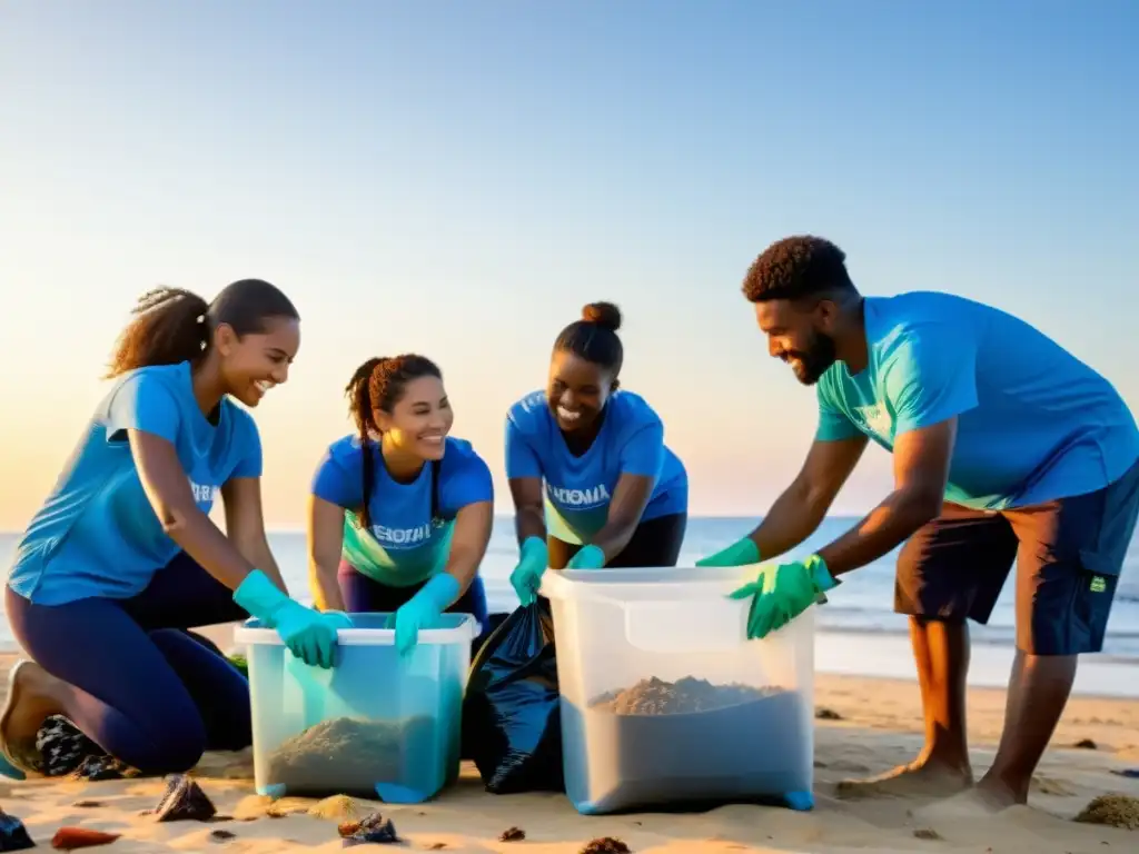 Un grupo diverso de voluntarios limpia una playa contaminada al atardecer, promoviendo iniciativas de Responsabilidad Social Global