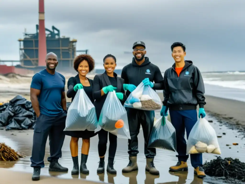 Voluntarios unidos limpian playa contaminada Un grupo diverso de voluntarios limpia una playa contaminada, mostrando determinación y unidad