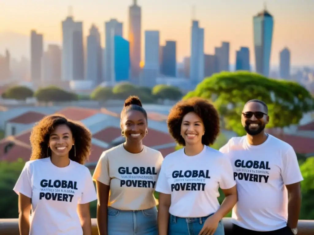 Grupo diverso de voluntarios unidos en la ciudad, promoviendo respuesta ciudadana ante pobreza global con camisetas y carteles informativos