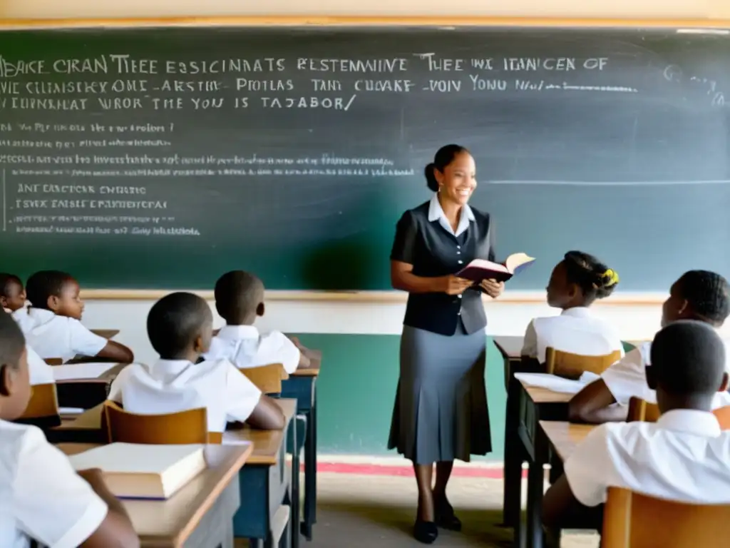 Profesores dedicados enseñan en condiciones difíciles Grupo de educadores enseñando con determinación y desgaste en un aula desafiante, reflejando la importancia del papel de los educadores en la preservación de la memoria histórica bajo regímenes opresivos