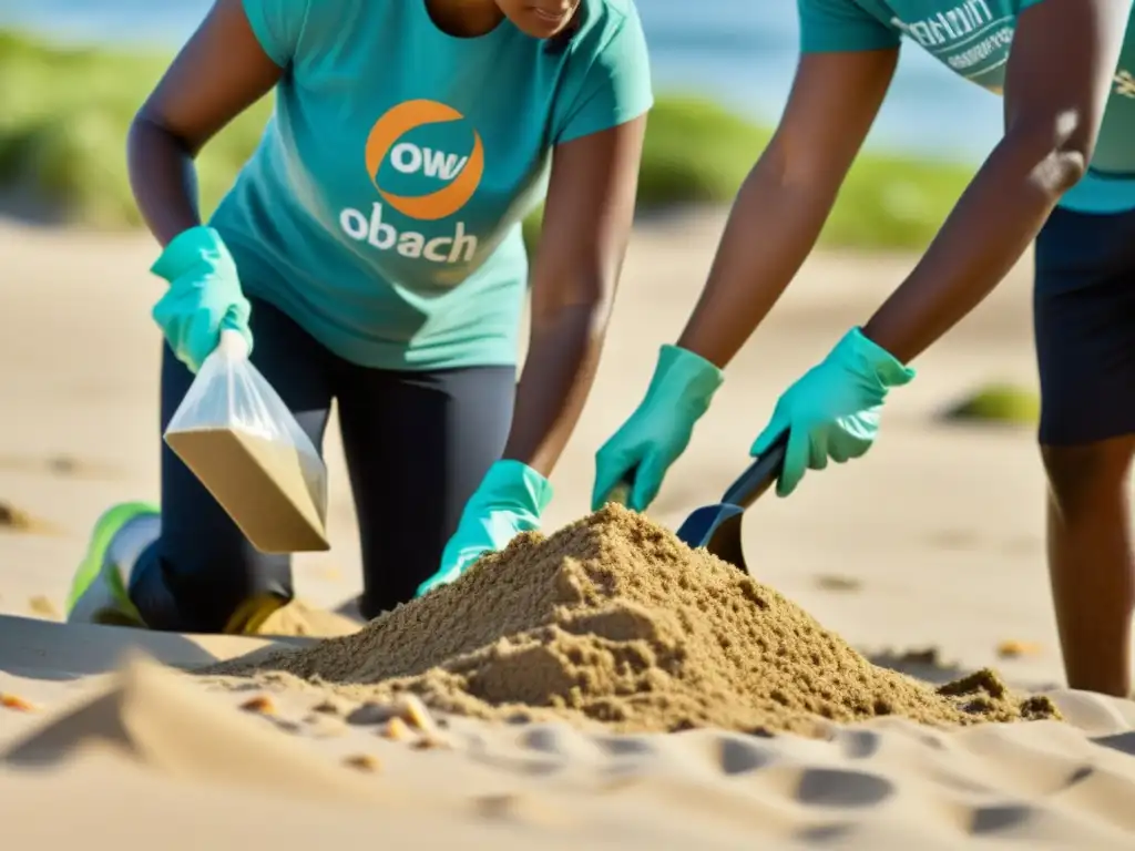 Un grupo de empleados corporativos realiza una limpieza de playa, mostrando su impacto responsabilidad ambiental corporativa con dedicación y detalle