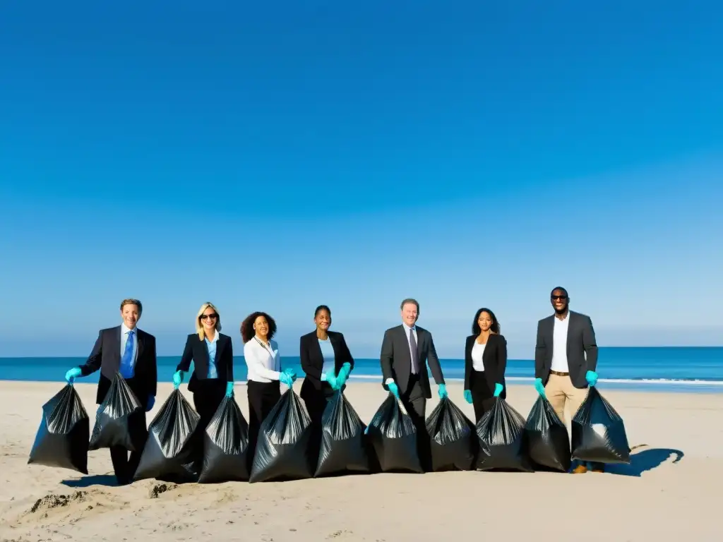 Grupo de empleados corporativos en traje de negocios participando en la limpieza de una playa, con el océano y un cielo azul claro de fondo