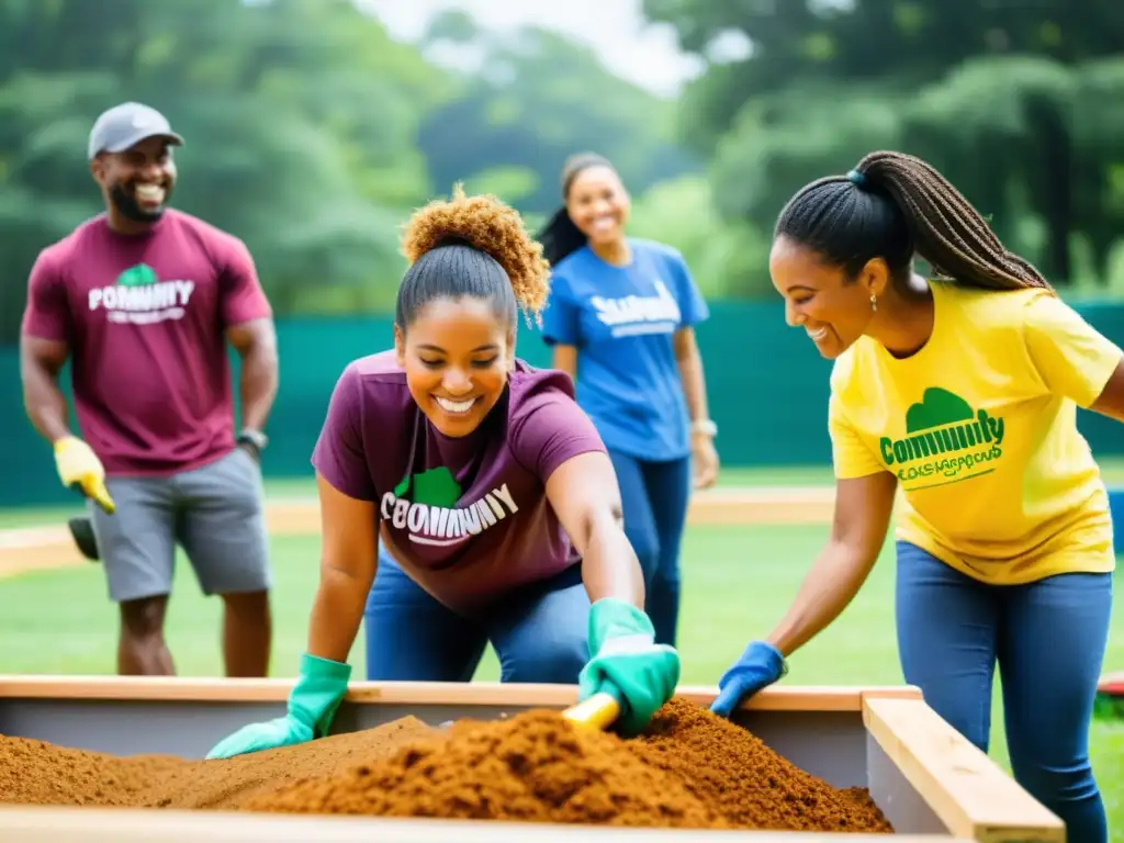 Un grupo de empleados diversos de una empresa sostenible construye un parque infantil para la comunidad, transmitiendo alegría y solidaridad