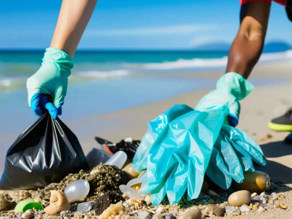 Un grupo de empleados de una empresa corporativa diversa participa en una limpieza de playa, mostrando su compromiso con la responsabilidad ambiental corporativa