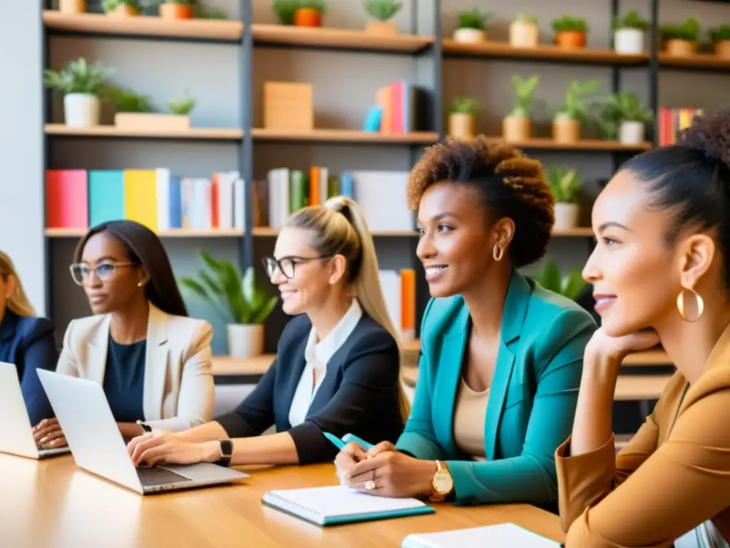 Un grupo de emprendedoras exitosas reunidas en un espacio de coworking, compartiendo ideas y mostrando determinación