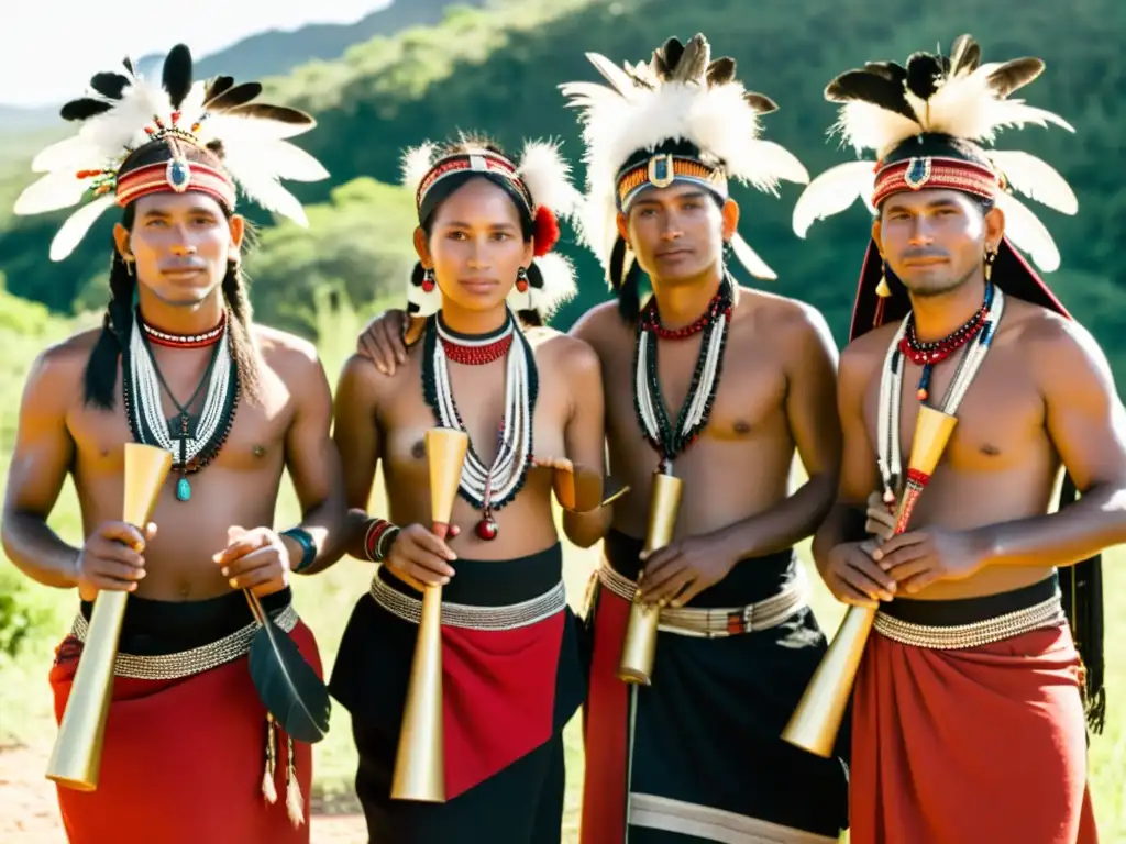 Un grupo de Enxet y Sanapana en trajes tradicionales, rodeados de exuberante vegetación en la región del Chaco