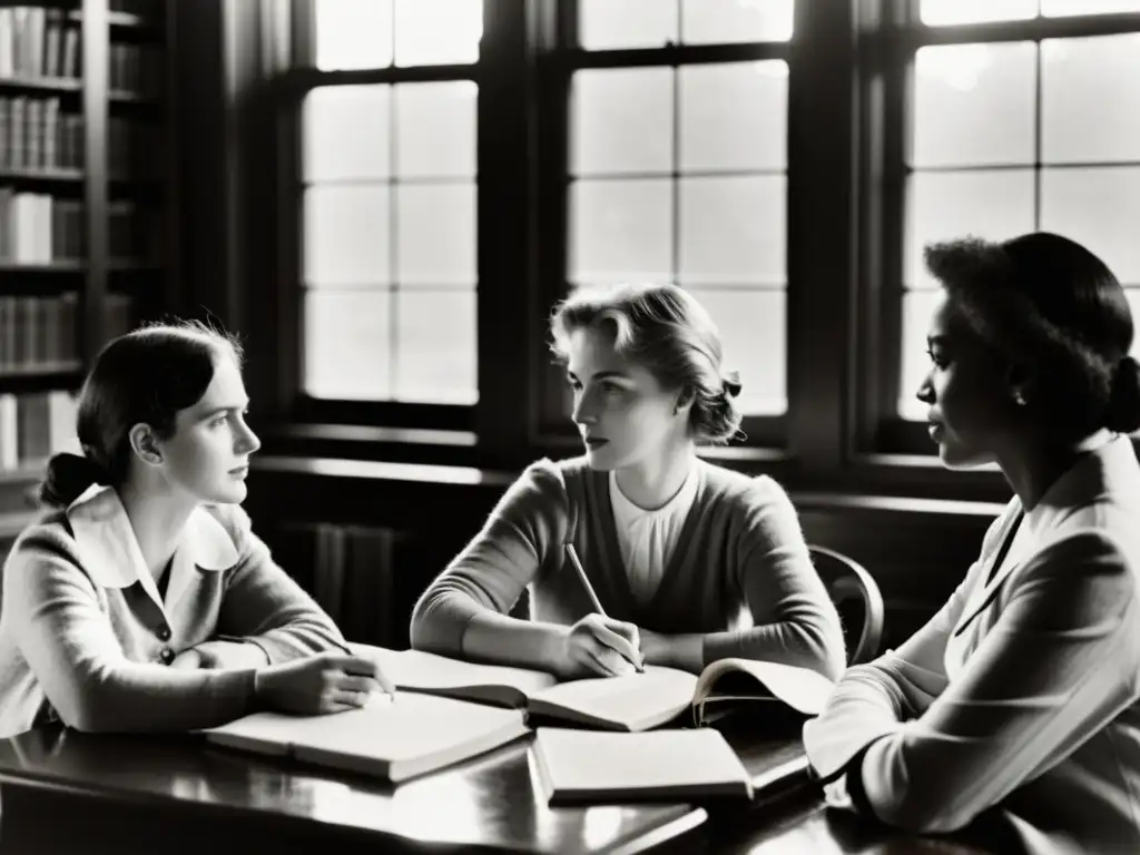 Conversación literaria: mujeres escritoras del siglo XX en acción Grupo de escritoras defensoras derechos mujeres en profunda conversación, rodeadas de libros y papeles, iluminadas por luz natural