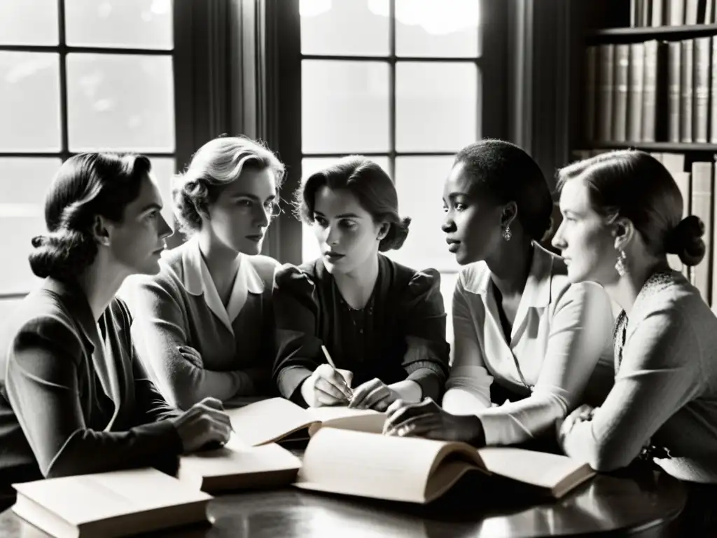 Mujeres escritoras del siglo XX luchando por los derechos de la mujer Un grupo de escritoras defensoras de los derechos de las mujeres, reunidas en una mesa llena de papeles y libros, discuten apasionadamente bajo la suave luz natural que entra por la ventana, mostrando determinación y propósito en sus rostros