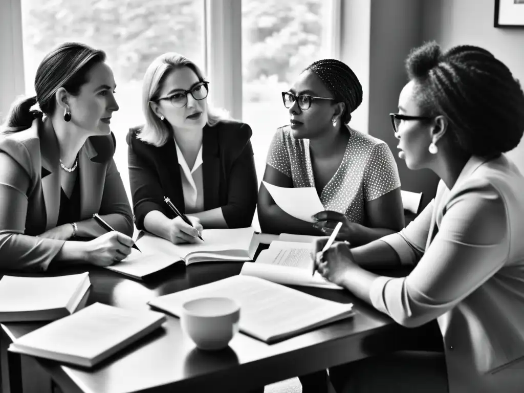 Mujeres escritoras: intensidad y pasión en la lucha por los derechos Un grupo de escritoras defensoras de los derechos de las mujeres se reúne en una intensa discusión, destacando su determinación y unidad