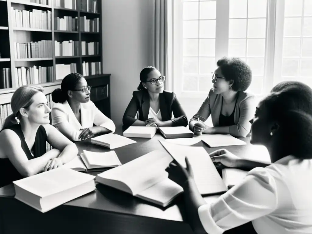 Conversación apasionada: Mujeres escritoras luchando por la igualdad Grupo de escritoras defensoras de derechos de mujeres en apasionada conversación, rodeadas de papeles y libros en mesa