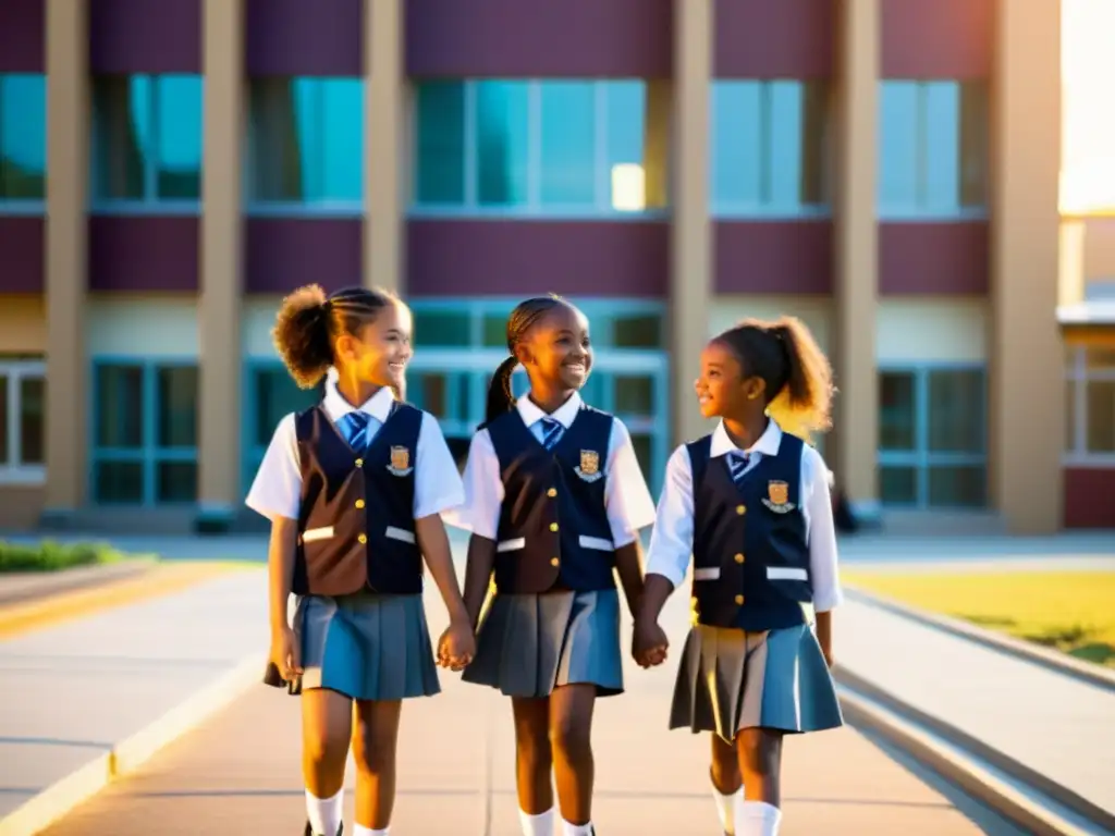 Un grupo de niñas camina hacia la escuela, tomadas de la mano, con determinación y esperanza