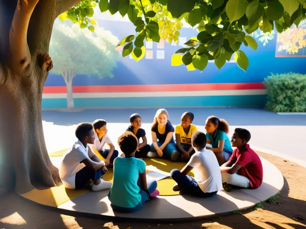 Un grupo de estudiantes disfruta de una animada discusión bajo un árbol, rodeados de libros y pósters educativos